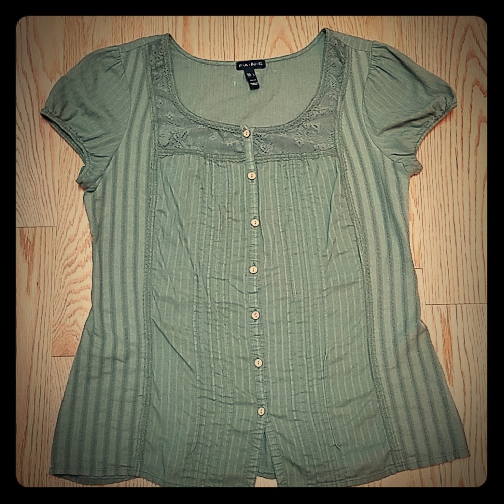 FANG Sage Green Button-Down Pintuck Cap Sleeve Blouse